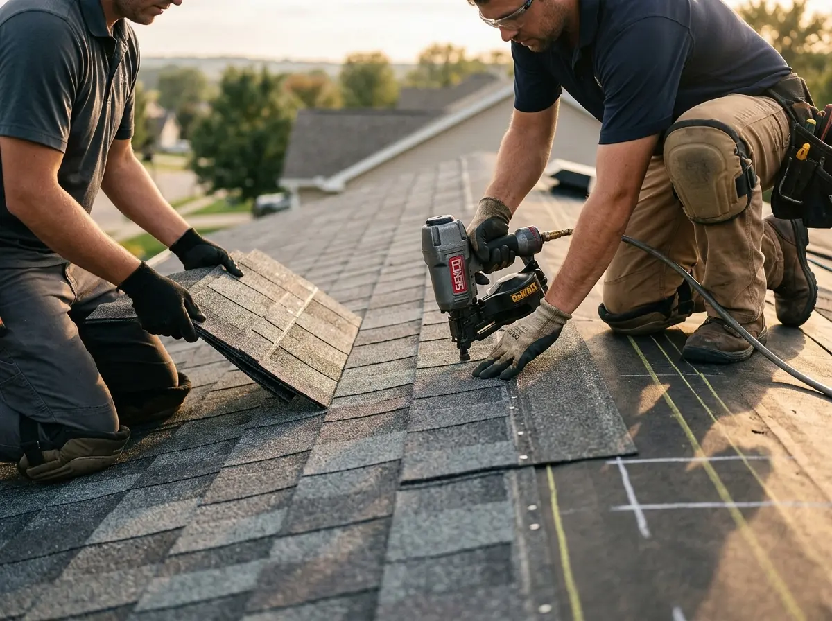 Professional roofer working on a residential roof in Lakewood
